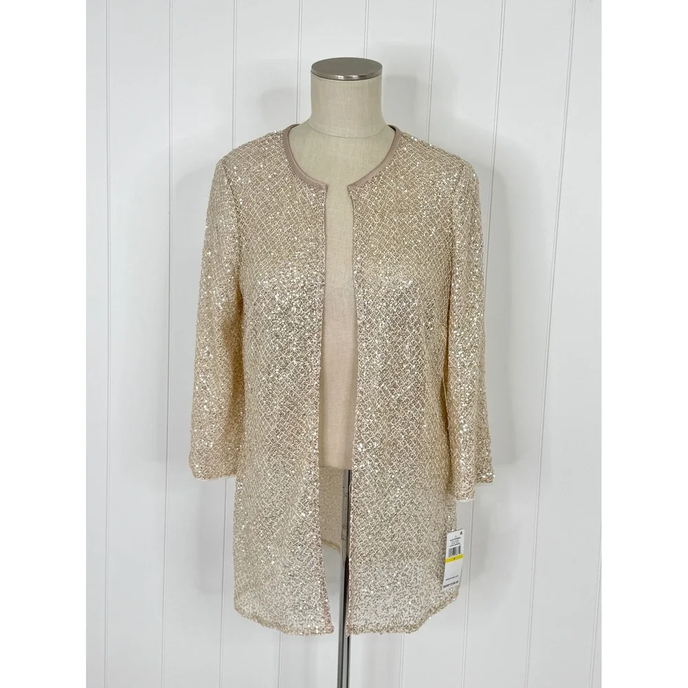 Alex Evenings Sequin Jacket Champagne Lace Open Front NWT Women Size M Evening